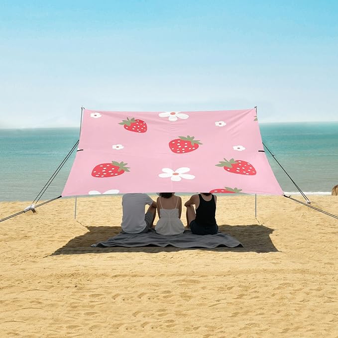 ALAZA Flower and Strawberry Pattern Beach Tent Sun Shelter Portable Canopy Sunshade for Outdoor Camping Picnics Backyard Fun 10x9 ft