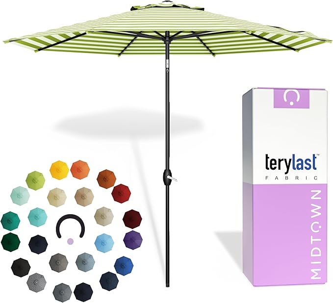 Midtown Umbrellas - 10-Year-No-Fade 10 Ft Patio Umbrella with Terylast Fabric Auto-Tilt Aluminum Frame and 8 Reinforced Ribs for Deck Pool Garden &amp Beach - Green/White Stripes Canopy Black Pol