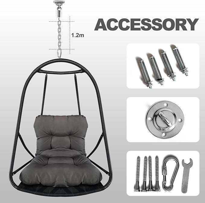 Without Stand Swing Egg Chair Indoor Outdoor Wicker Rattan Patio Basket Hanging Chair with C Type Bracket with Cushion and PillowPatio Wicker Folding Hanging Chair(Special Construction Cup Holder