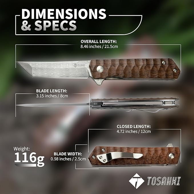Damascus Steel Tanto Blade Pocket Knife With Rosewood Handle