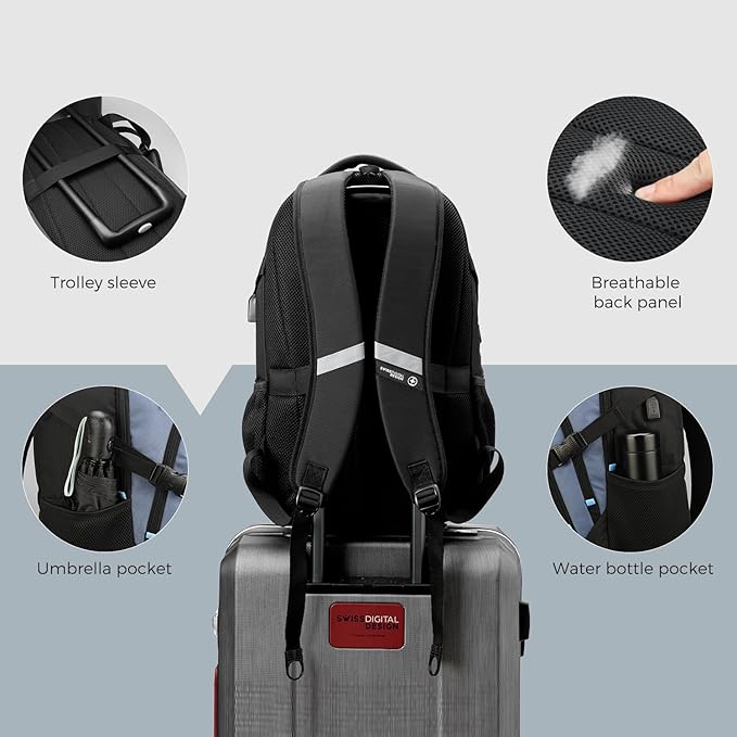 Swissdigital Design Laptop Backpack with USB Charging Port Travel Backpack Fits 15.6 inches Computer 31L College School Backpack for Men Haze Blue/Black | SD803-16