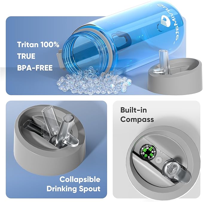 SurviMate 5-Stage 0.01μm Ultra-Filtration Filtered Water Bottle BPA-Free Material NSF/ANSI 42&amp372 Certified Portable Water Filter Bottle for Survival Camping Hiking and Emergency Use