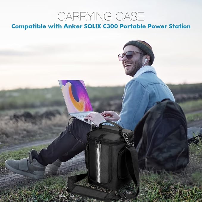 Carrying Case Compatible with Anker SOLIX C300 Portable Power Station Outdoor Travel Storage Bag with Side Zipper Two-Layer Pockets for Charging Cable and Accessories with Shoulder Strap