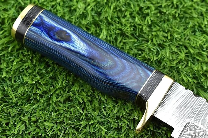 8-Inch Hand-Forged Damascus Steel Hunting Knife Fixed Blade Skinning Design with Leather Sheath Multicolor Wood Handle Brass Guard Twist Pattern Blade for Camping (Blue)