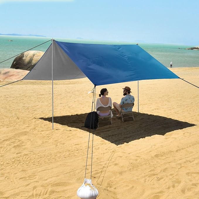 Dark Blue Gradient Beach Tent UPF50+ Protection Easy Setup Shade Sun Shelter with Sandbags and Shovel for Camping Fishing Backyard Fun