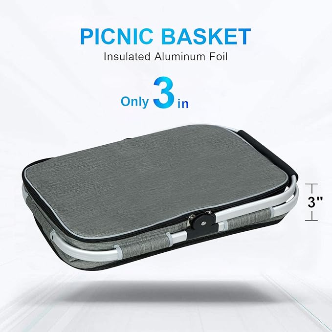 LIQING 35L Large Picnic Basket 2 Layers of Internal Pockets Leak-Proof and Insulated Folding with Internal Support for enhansed Stability Wedding Gifts for Couple(Grey)
