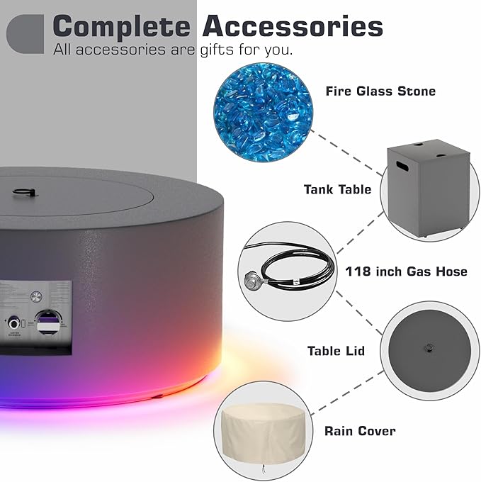 2-Piece 30 LED Round Propane Fire Pit for Outside Patio with Hidden Tank Table 50000 BTU Fireplaces with Lid Glass Rocks Cover(Dark Grey w/RGB Light)
