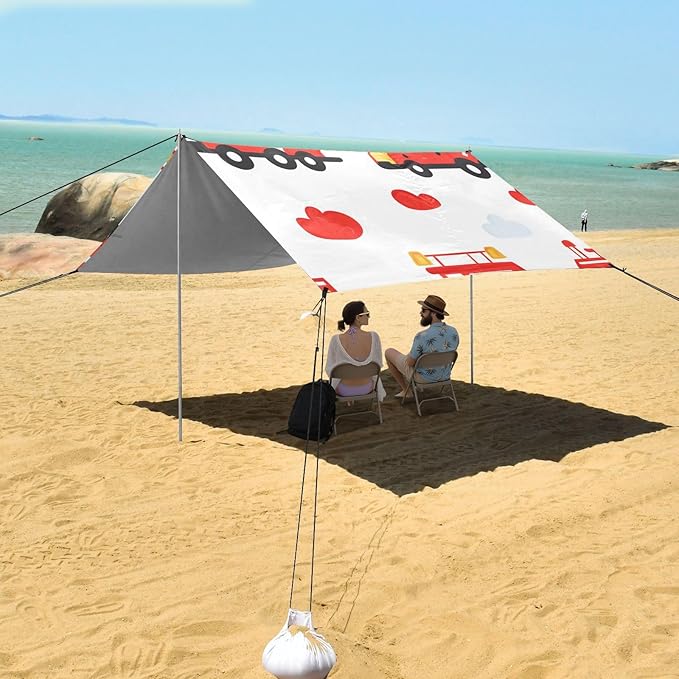 ALAZA Cartoon Cute Fire Truck Beach Tent Sun Shelter Portable Canopy Sunshade for Outdoor Camping Picnics Backyard Fun 10x9 ft