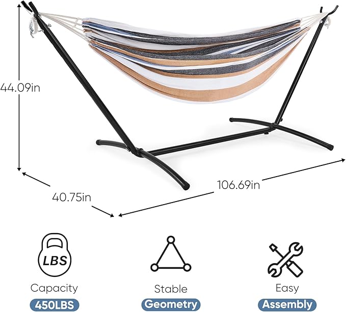 DUMOS Double Hammock with Space Saving Stand Heavy Duty Steel Frame Portable for Outside &amp Indoor Use 450lbs Capacity Easy Assembly Carrying Bag Included Beige