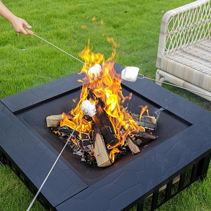 EcoNook 32 inch Fire Pit Square Outdoor Fire Pit Table with Spark Screen &amp Fire Poker 3-in-1 Multipurpose Firepits for Outside Fireplace for Yard Garden Patio