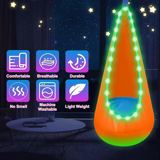 Light Up Swing Chair Hammock Chair Indoor Outdoor for Kids Pod with LED Lights Soft and Safe 176 lb. Load Capacity Easy Installation Perfect for Bedroom Garden and Playroom (Orange)