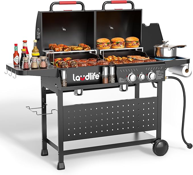 Gas and Charcoal Grill Combo with Side Burner 3 Burners Propane BBQ Grill 748 SQ.IN Cooking Space Non-Stick Enamel Coating Grates Heavy-Duty Stand for Backyard &amp Outdoor Barbecue