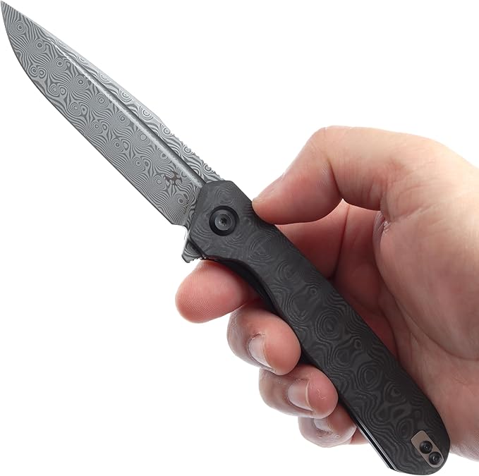 KANSEPT Qilin Pocket Knife3.24'' Damascus Sharp Blade Black Rose Carbon Fiber Handle for Edc Flipper and Liner Lock with Double-Sided Clip Men Camping Survival Folding Knives K1047A2