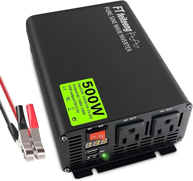 500w Inverter 12v Dc to 110v/120v Ac Car Power Inverter 2 Ac Outlets and Display Includes 5v 3.4a USB Port Suitable for Vehicles/Rv/Home/Camping with 1000w Surge Protection