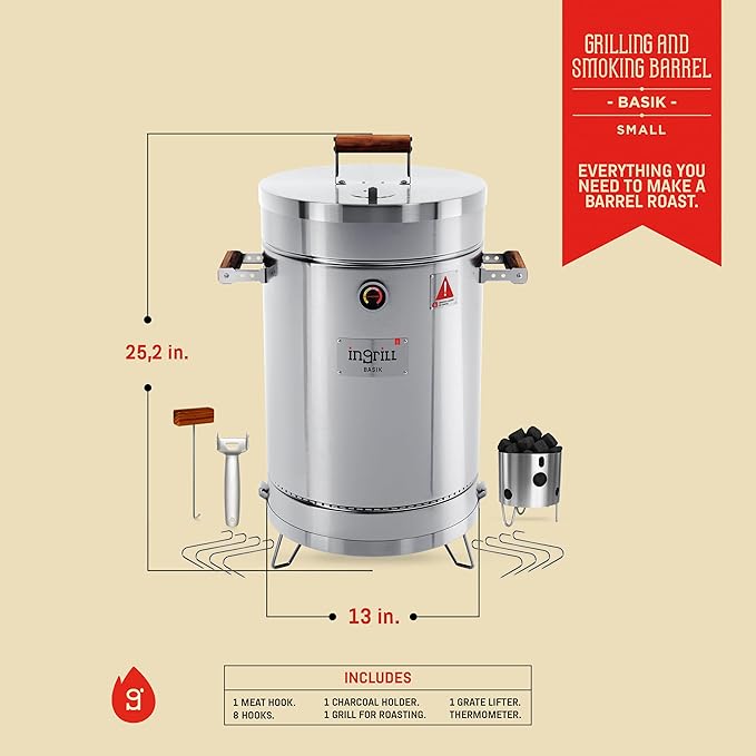 3-in-1 Stainless Steel Smoker Barrel Grill – Portable Charcoal BBQ with Thermometer 12 lbs Outdoor Cooking Smoker for Camping Backyard &amp Home BBQ INGRILL