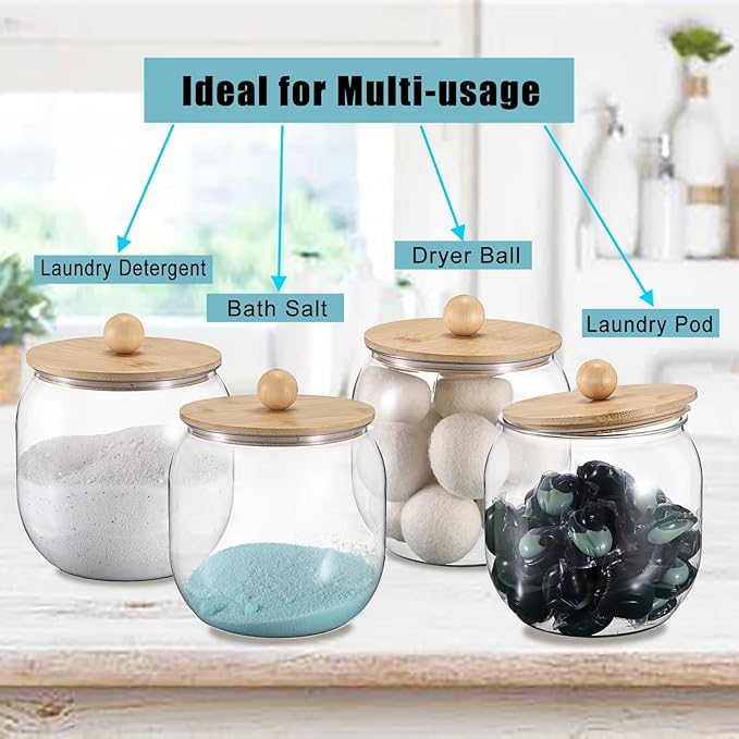 2-Pack Clear Plastic Laundry Pod Containers with Bamboo Lids &amp Seal Rings – Airtight Detergent Storage Organizer for Laundry Room/Kitchen/Bathroom Cylindrical Dishwasher Pods Container