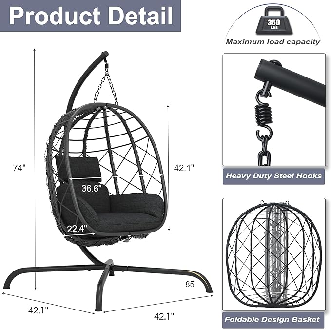 Hanging Egg Chair with Stand Patio Wicker Rattan Swing Chair Hammock Egg Chair for Indoor &amp Outdoor 400lbs Capacity with Thickened Cushion for Bedroom Balcony Garden