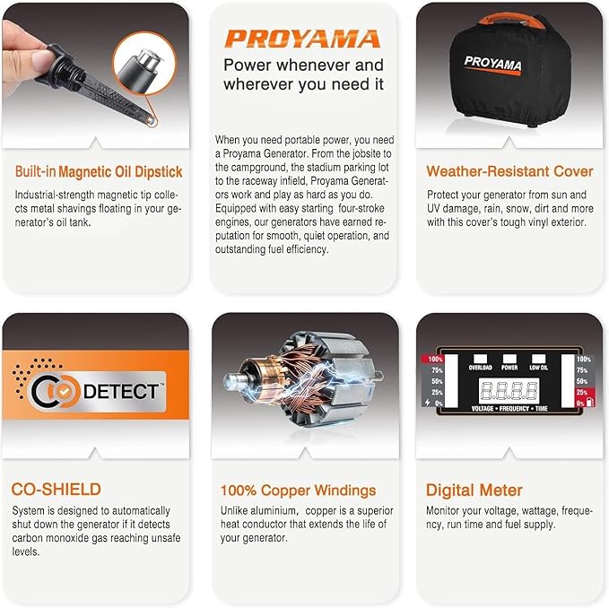 PROYAMA 4000W Portable Gas Inverter Generator CO Sensor Digital Interface RV - Ready LED Light ECO - Mode Parallel Capable Low Oil Shutoff Super Quiet and Lightweight with Weatherproof Cover