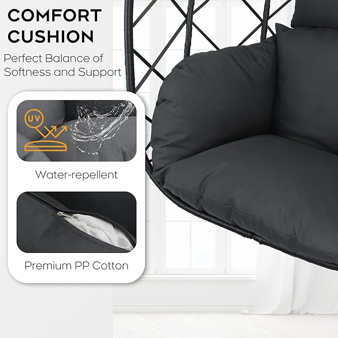 Foldable Hanging Egg Chair with Stand - Wicker Swing Hammock Chair with Cushion - for Patio Porch Balcony Weight Capacity 350lbs (Dark Gray)