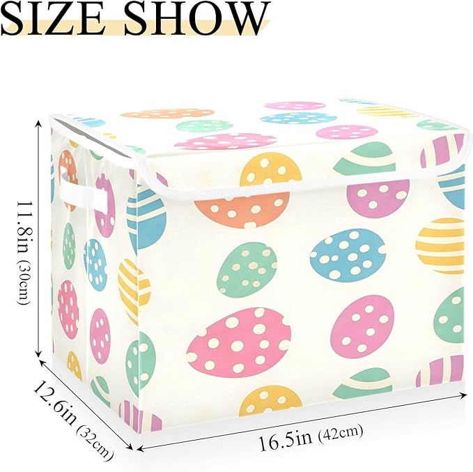 Christmas Storage Baskets with Lids Colorful Easter Eggs Collapsible Bins Stackable Fabric Linen Baskets Closet Organizer Container 16.5x12.6x11.8