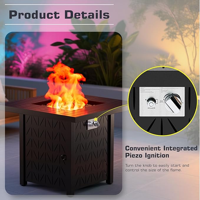 28'' Propane Fire Pit Table 2 in 1 Rectangular Outdoor Fireplace Outside Patio Deck and Garden Gas Fire Pit Table with Lid and Stone 50000 BTU Adjustable Flame