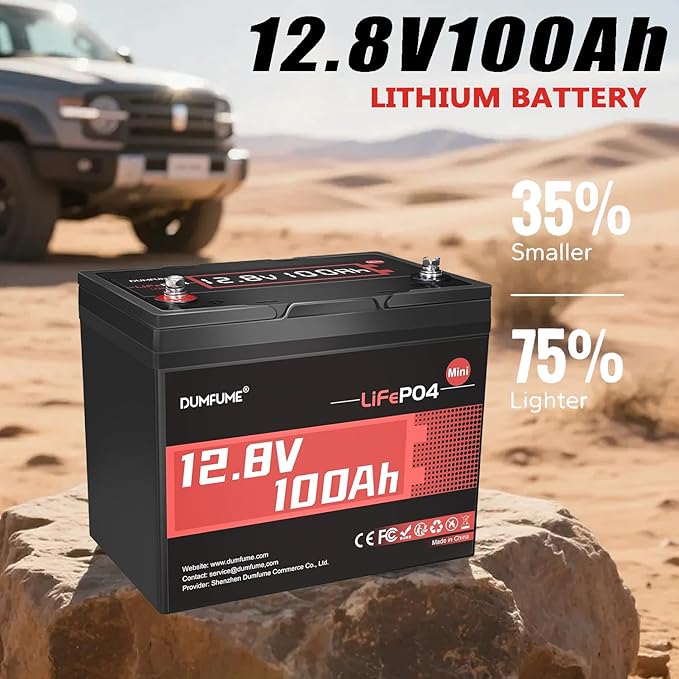 12V 100Ah Mini LiFePO4 Lithium Battery Built-in 100A BMS1280Wh Deep Cycle Rechargeable Battery 6000+ Cycles 10-Year Lifespan for RV Solar Off-Grid and Home Energy Storage