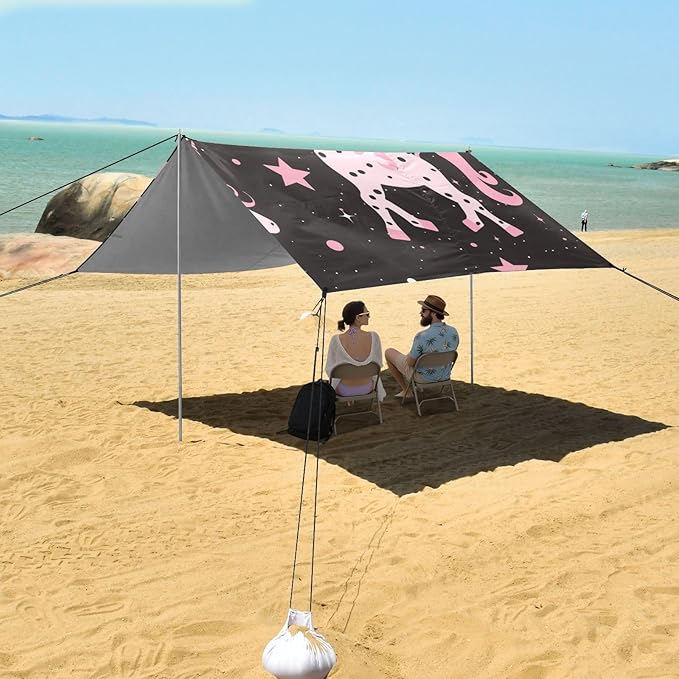 ALAZA Cute Pink Unicorn Silhouette Animal Leopard Dots Stars Beach Tent Sun Shelter Portable Canopy Sunshade for Outdoor Camping Picnics Backyard Fun 10x9 ft