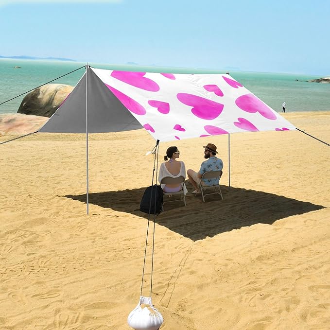 Beach Canopy with Windproof Ropes &amp Sandbags Beach Tent Sun Shade Sun Shelter for Camping Trips Fishing Backyard Fun or Picnics Heart