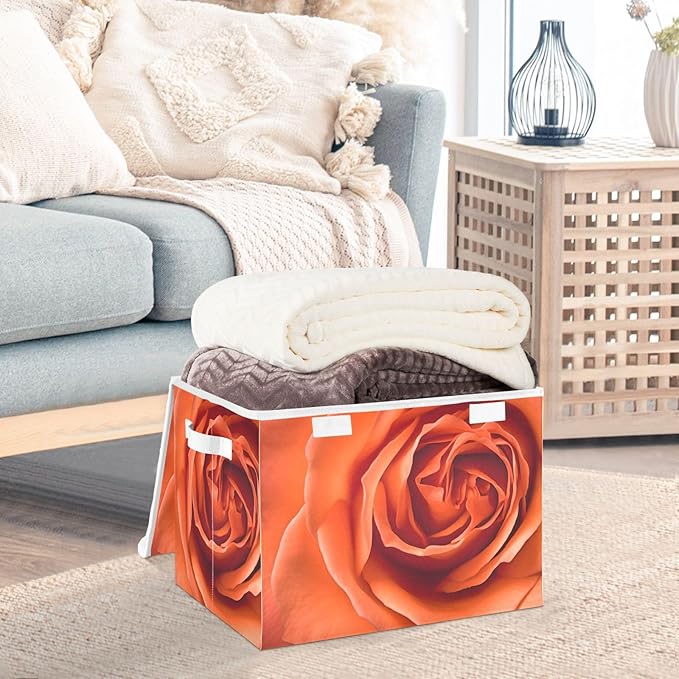 Close Red Floral Storage Cube with Lid Collapsible Flip-top locker Fabric Storage Bins Basket with Handle for Home Bedroom Closet Office 16.5×12.6×11.8 in