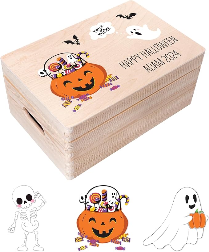 Creative Deco Personalized Wooden Storage Box Halloween Box | 11.8x7.87x5.51in (+-0.5) | Minimalistic | Hinged Lid Handle Engraving | Unpainted Gift Box | ROUGH UNSANDED Keepsake Memory Souvenir Chest