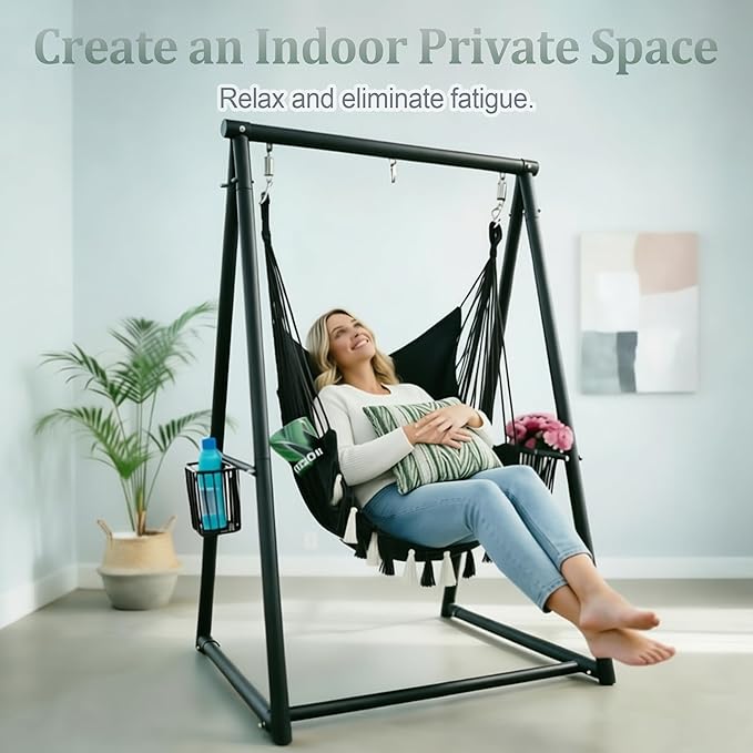 YOXIFOC Reinforced Base &amp Triangular Structure Hammock Stand with 2 Storage Baskets Swing Stand with 3 Hooks Fit for Most Hanging Chair for Oudoor&ampIndoor (with Chair) (Black)