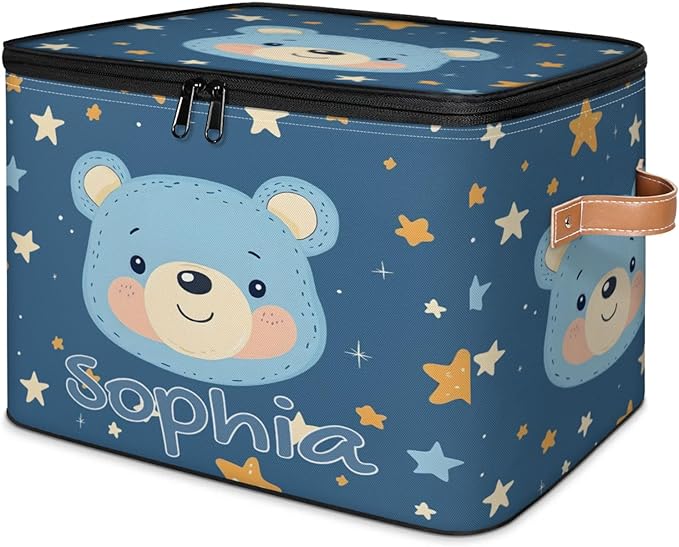 Custom Storage Basket with Name Personalized Storage Bins with Zipper Lid Foldable Fabric Storage Box Large capacity with Handle Star Blue Bear
