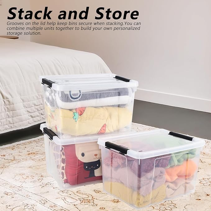35 L 4-Pack Plastic Storage Bin with Wheels and Lids Clear Plastic Lidded Storage Container Box