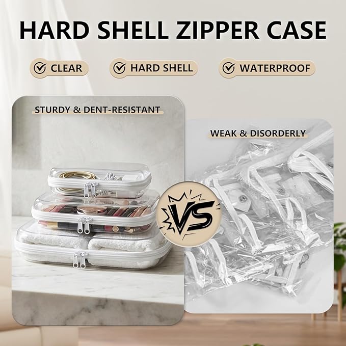 6 Pack Clear Hard Shell Zipper Case Set (2 Large/2 Medium/2 Small)Clear Hard Plastic Zipper Pouches Transparent Stackable Storage Case for Crafts Toys Cosmetics Toiletry Bag for Travel