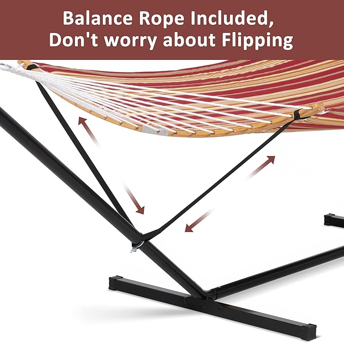 SUNCREAT Hammocks Portable Hammock with 12 ft Stand Included Double Hammock with Curved Spreader Bar Red Stripes