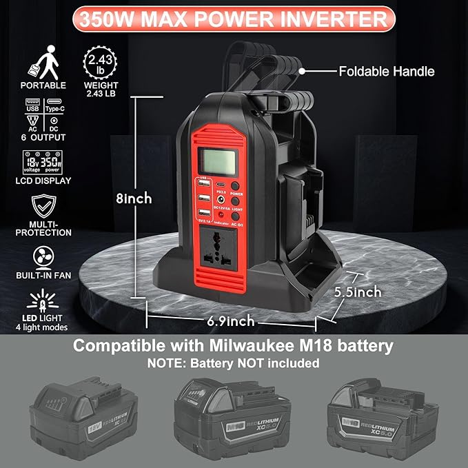 DC 18V to AC 120V Power Inverter Compatible with Milwaukee M18 18V Battery 350W Pure Sine Wave Portable Power Inverter Converter with LCD Display and LED Light 2 Battery Port