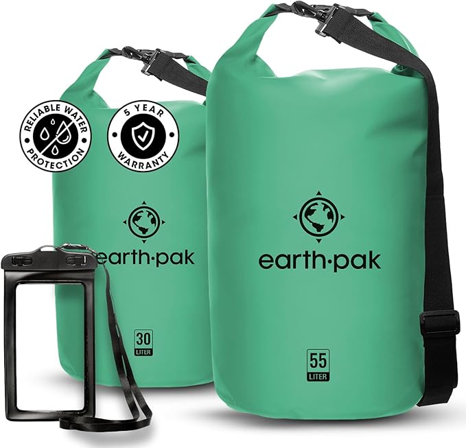 Earth Pak Waterproof Dry Bag - Roll Top Waterproof Backpack Sack (Seafoam Green 55L &amp 30L)