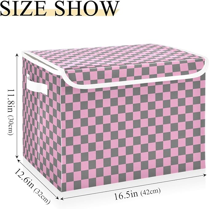 Pink Grey Checkerboard Storage Baskets Lidded Bin Foldable Storage Boxes Cubes Lids with 2 Handles for Organizing Closet Home Office