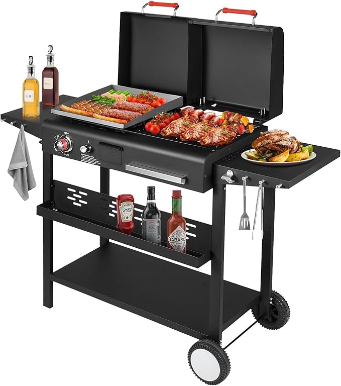 Propane and Charcoal Grill Combo Gas Griddle Grill Combo Two Fuel BBQ Grills with Long Silicone Non-Slip Grill Gloves Dual Fuel Lids and Side Shelves