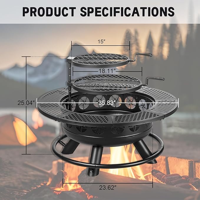 36 Inch Fire Pit with 2 Cooking GrillsOutdoor Wood Burning BBQ Firepit with Lid 3-in-1 Outdoor Fire Pit for Backyard Deck Bonfire Patio Picnic(Black)