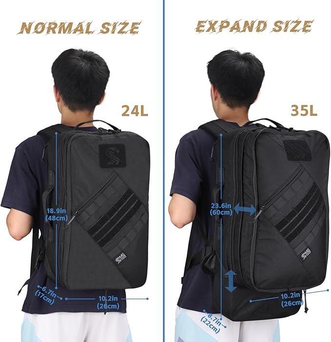 MGFLASHFORCE Tactical Travel Backpack for Men Molle Work Daypack Carry On Bag 15.6 Laptop Compartment Expandable 24L to 35L (Black)