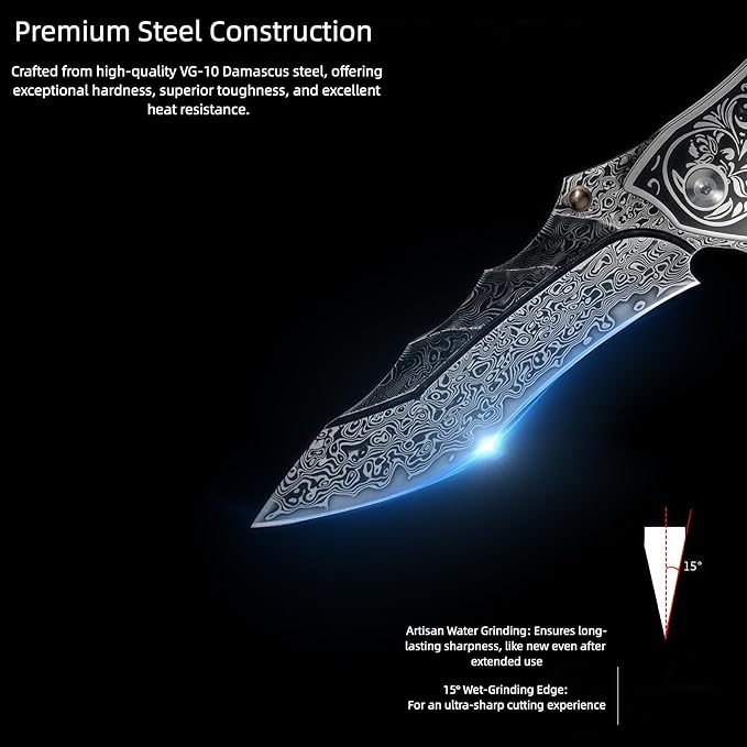 Damascus Steel Folding Knife Personalized Engraving Outdoor Gear Damascus Hunting Knife with Leather Sheath HRC 60 Knives Men Gifts Gifts for Hunters Men who have Everything