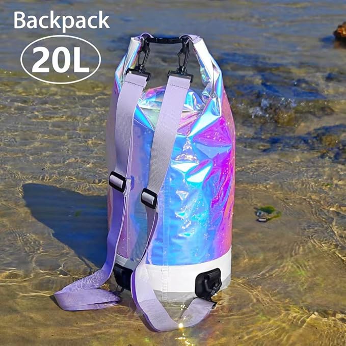 20L PVC Holographic Waterproof Dry Bag Double Shoulder Strap Beach Swimming Backpack Crossbody Waterproof Bucket Bag for Kayaking Boating and Outdoor Sports (20L)