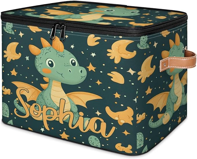 Custom Storage Basket with Name Personalized Storage Bins with Zipper Lid Foldable Fabric Storage Box Large capacity with Handle Dinosaur Star
