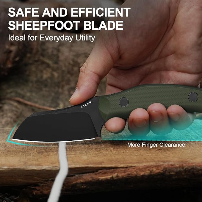 Kizer Bulldog Fix Fixed Blade Knife 2.97 Sheepsfoot 14C28N Blade Hunting Knife with Sheath Olive Green G10 One-Piece Handle EDC Camping Knives for Outdoor Survival 1116M1