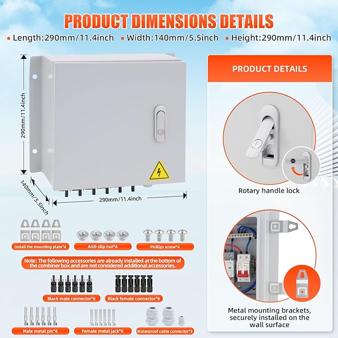 Doniks 6 String Metal Solar Combiner Box IP65 Waterproof PV Combiner Box with 20A Rated Current Fuse 63A Air Circuit BreakerLightning Arrester Metal Box for On/Off Grid Solar Panel System
