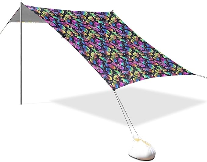 ALAZA Rainbow Color Pineapple Beach Tent Sun Shelter UPF50+ Protection Beach Shade Canopy w/ 4 Sandbags for Outdoor Camping Fishing Backyard Fun Picnic 10x9 ft