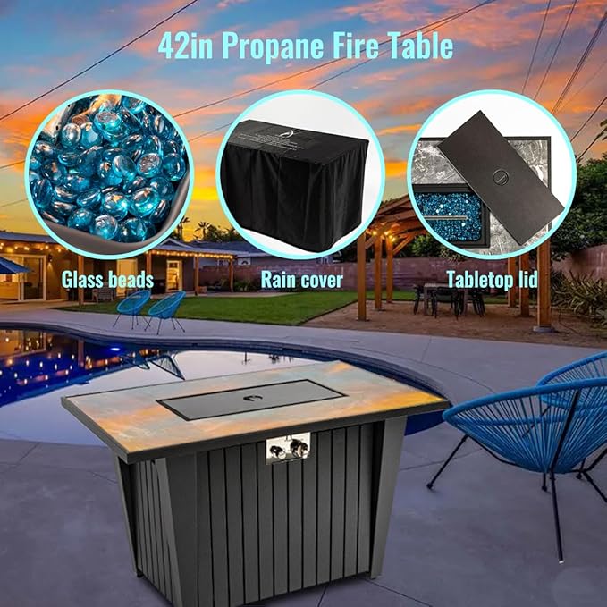 42'' Propane Fire Pit Table Marble Tile Ceramic Tabletop with Glass Wind Guard 50000 BTU Fire Table Inclined Leg and Art Powder Design Blue Glass Rocks Including Lid&ampCover
