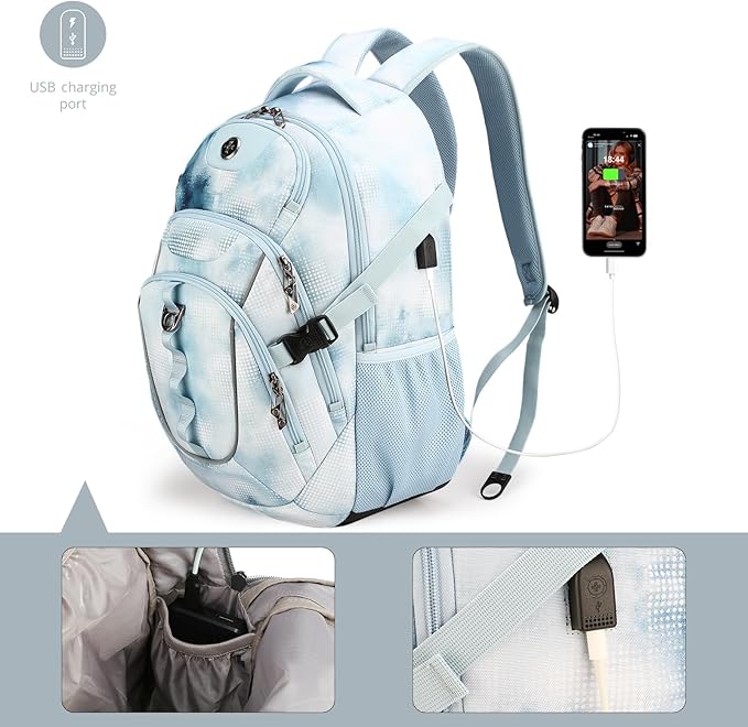 Swissdigital Laptop Backpack with USB Charging Port Travel Backpack Fits 15.6 inches Computer 31L Backpack for Men Polka Blue | SD803-105