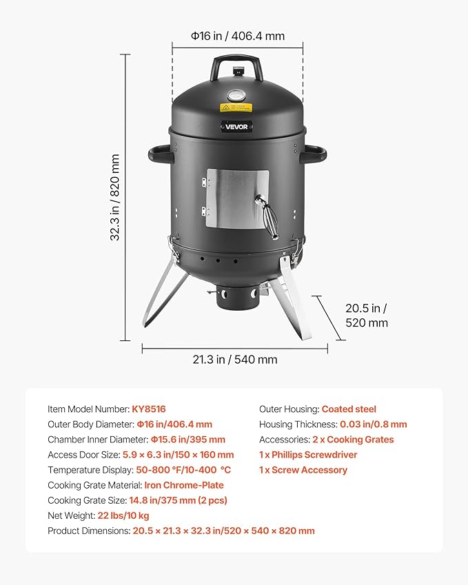 VEVOR Charcoal Smoker 16 Vertical Charcoal BBQ Grill Coated Steel Barbecue Smoker with 2 Grilling Grates Thermometer Air Vents &amp Removable Ash Tray Ideal for Backyard Patio Parties Cooking